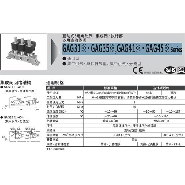 CKD喜開理多種流體直動式2通電磁集成閥GAG41-1-0-AC100V