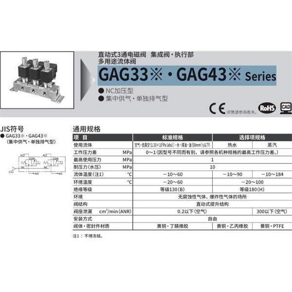 CKD喜開(kāi)理多種流體直動(dòng)式2通電磁集成閥GAG332-1-8-DC 24V