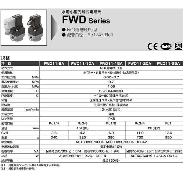 CKD喜開(kāi)理水用小型先導(dǎo)式電磁閥FWD11-20G-E2HSB-DC24V