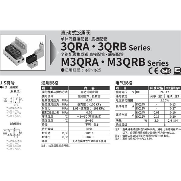CKD喜開理直動式3通電磁閥M3QRA130-M5-C22-9-4