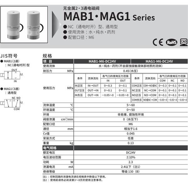 CKD喜開理無金屬2?3通電磁閥MAG1-M6-DC24V