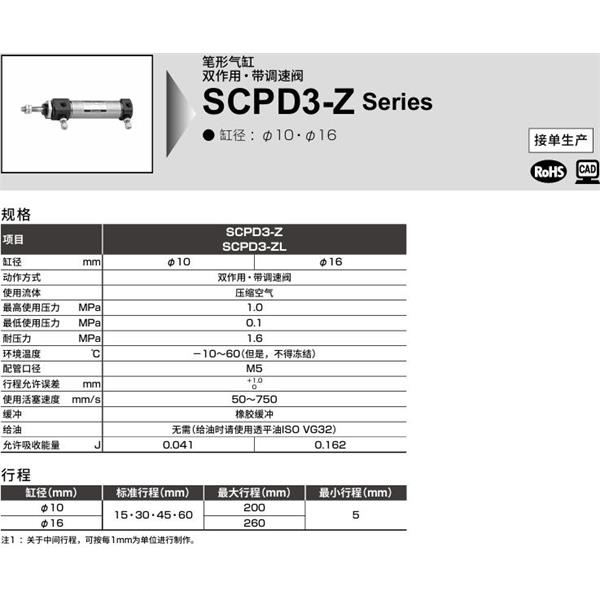CKD喜開理筆形氣缸SCPD3-ZL-00-16-250-T5H-T-Y