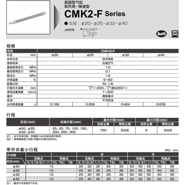 CKD喜開理緊固型氣缸CMK2-F-CA-25-100-T0H-R-MI