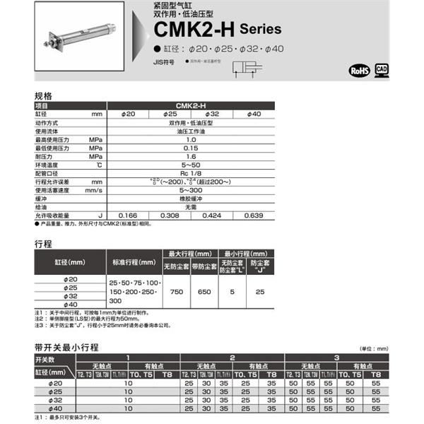 CKD喜開理緊固型氣缸CMK2-H-CC-32-100-T0H-R-JI