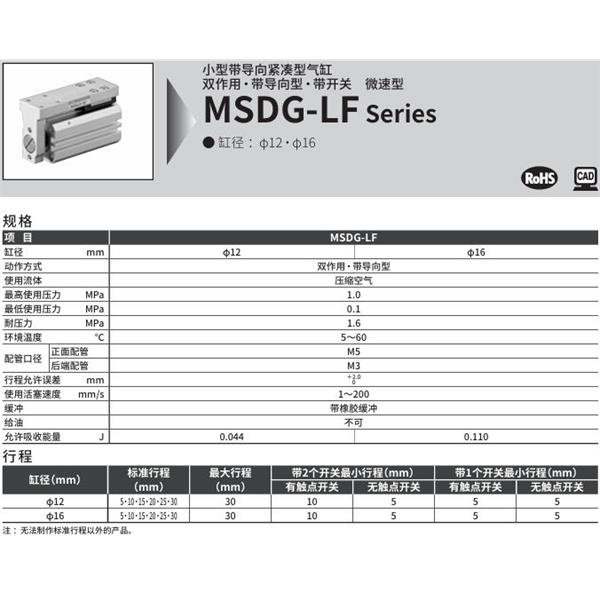 CKD喜開理小型緊湊型氣缸MSDG-LF-16-10-F2V-R