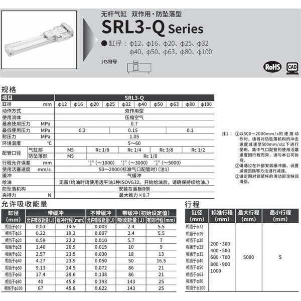 CKD喜開理超級無桿氣缸SRL3-Q-LB1-40B-200-M0H-R-B