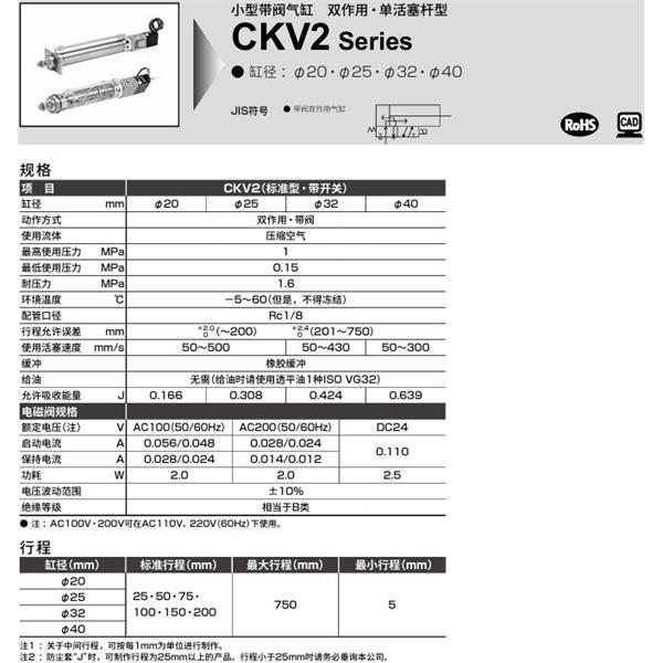 CKD喜開理小型帶閥氣缸CKV2-TB-40-25-U-1-T0H-R-JI